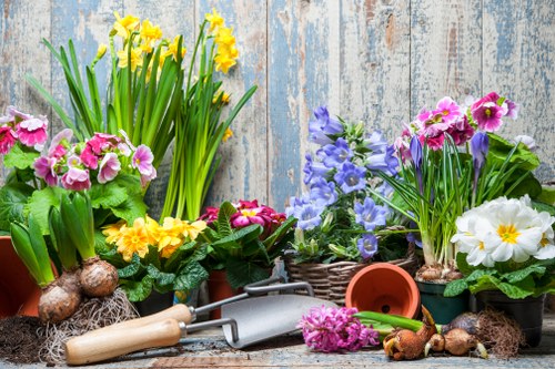 Gardening crew assessing a historic Marylebone garden with tools