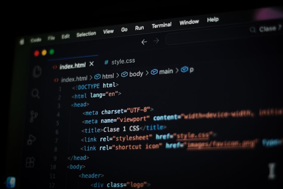 A computer screen displaying HTML code in a text editor with syntax highlighting, including tags such as <html>, <head>, <title>, and <body>. The code includes meta tags for charset and viewport, a li